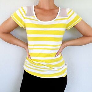 GAP yellow white stripe sheer mesh neckline short sleeve pima cotton tee small